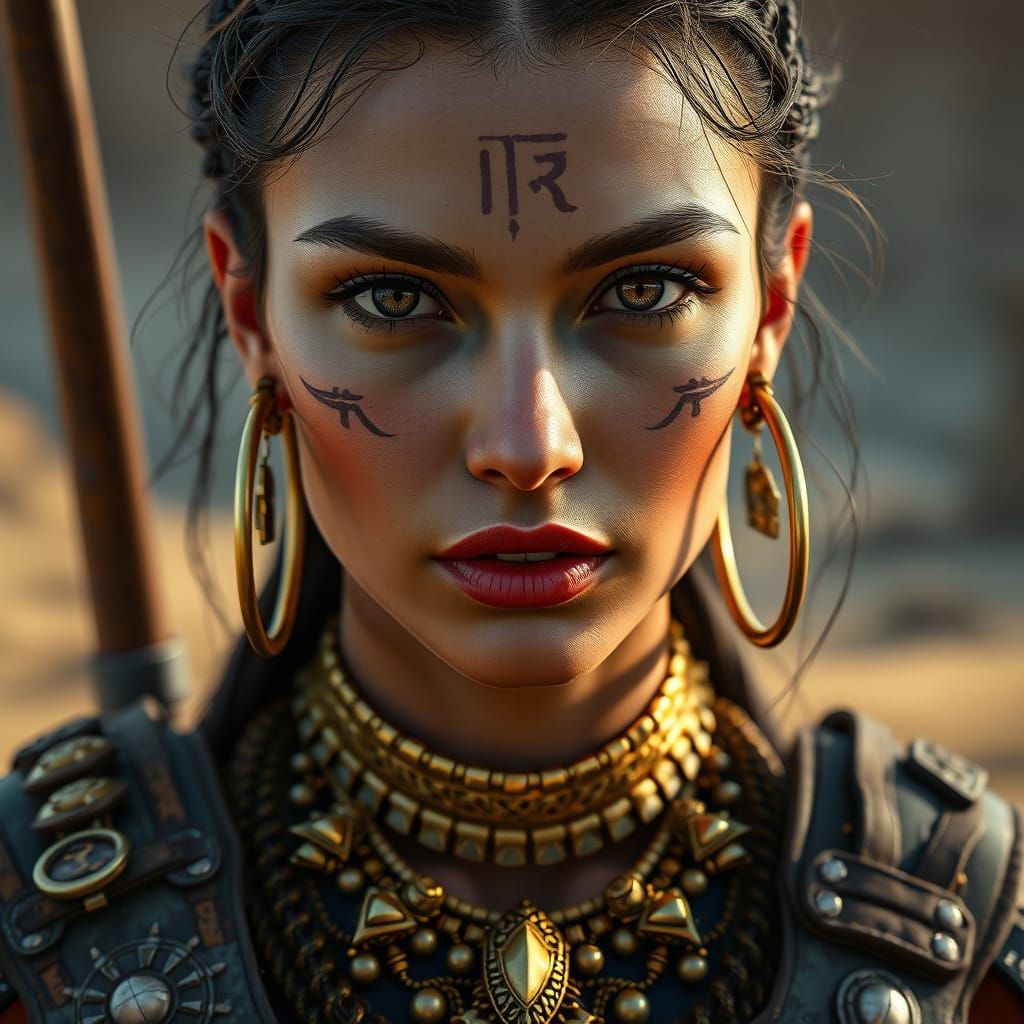 Female Warrior with Tribal Tattoos in Photorealistic Style