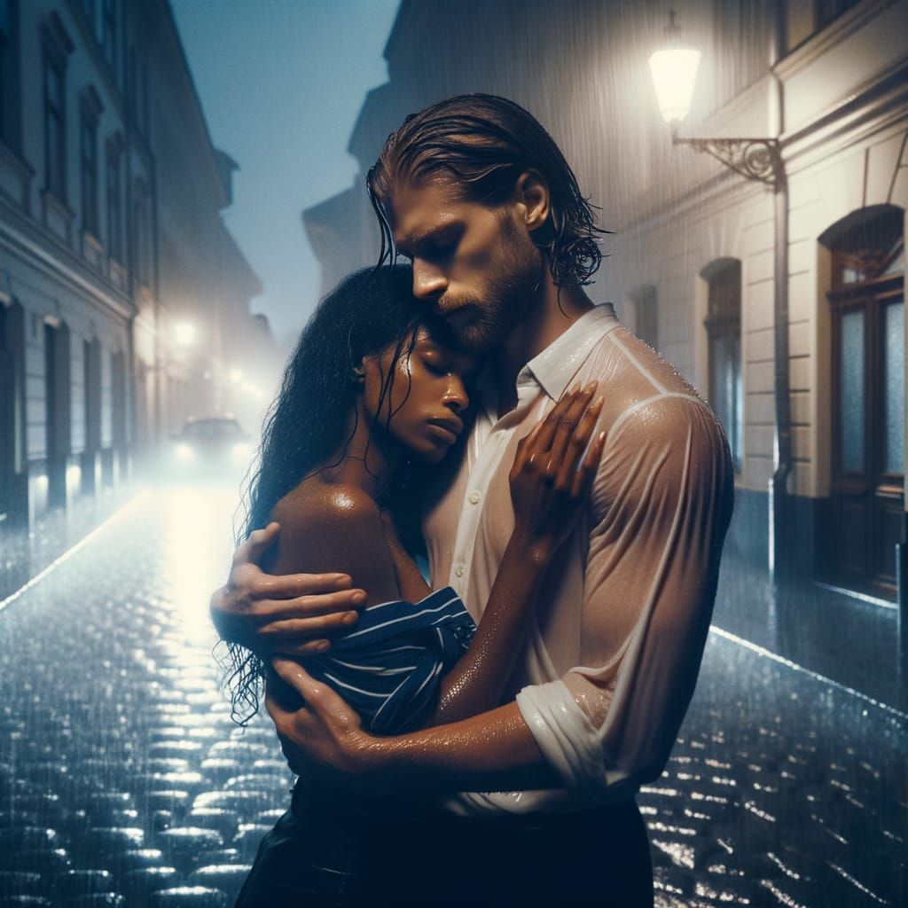 Couple's Comforting Embrace in Rainy Street