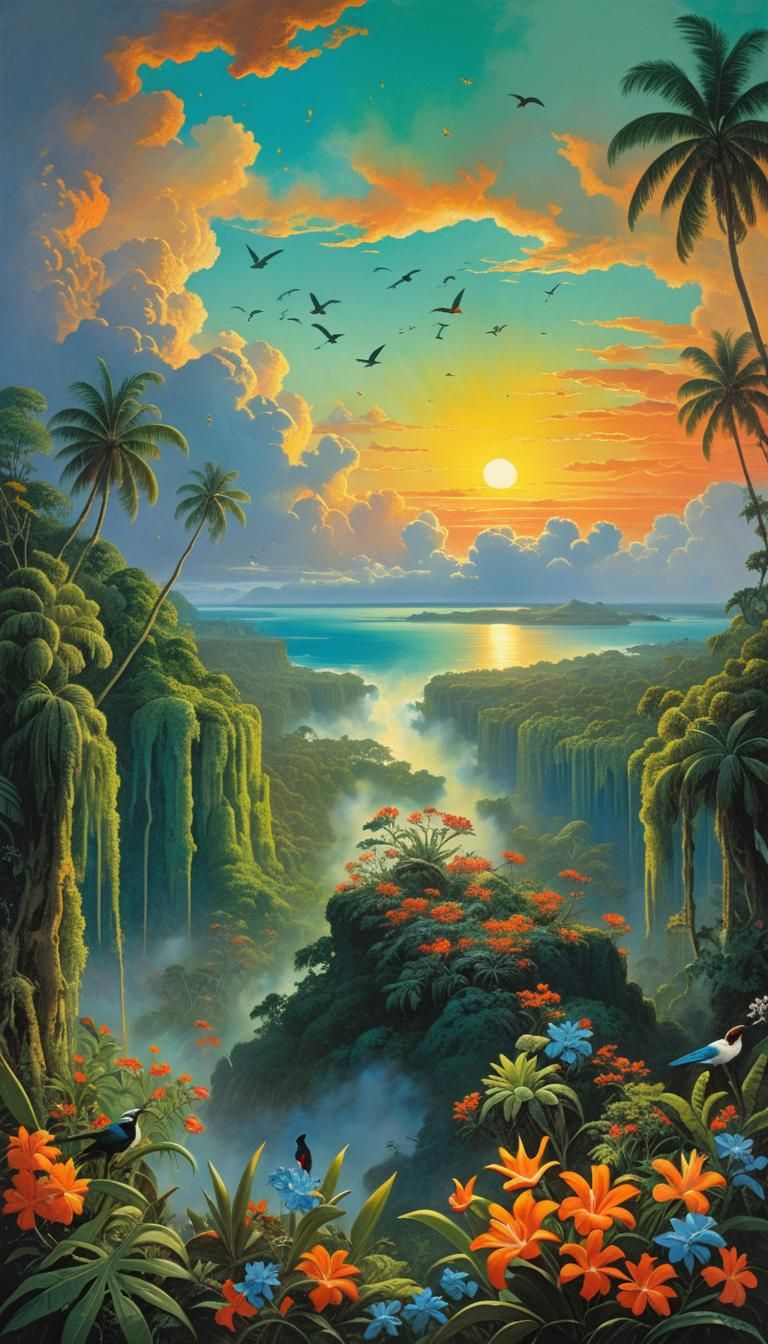 Tropical Mayan Sunrise in Arnold Friberg Style
