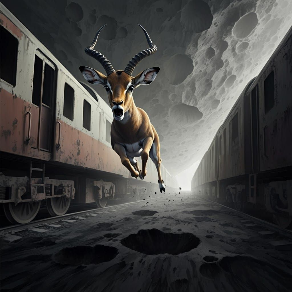 A deer gracefully leaps over a train, showcasing its agility and the beauty of nature in motion.
