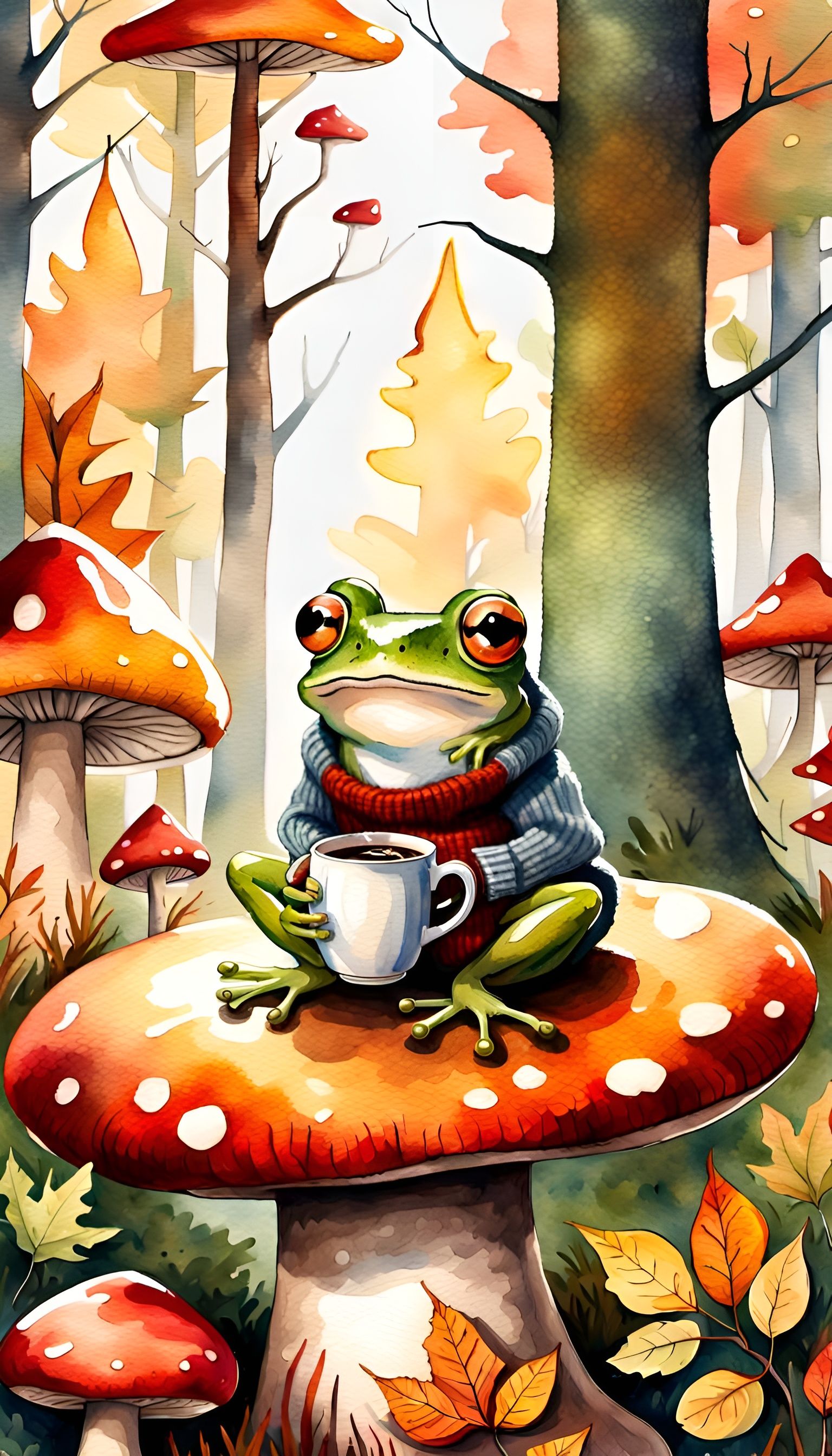 Frog in Sweater Sipping Coffee in Autumn Forest
