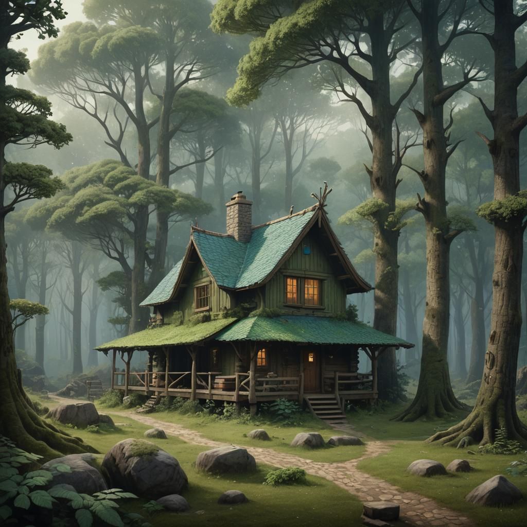 Cozy Cabin in Dreamy Forest: Digital Matte Painting