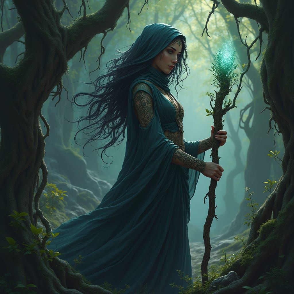 Earth Genasi Druidess Amidst Ancient Woodland Realm