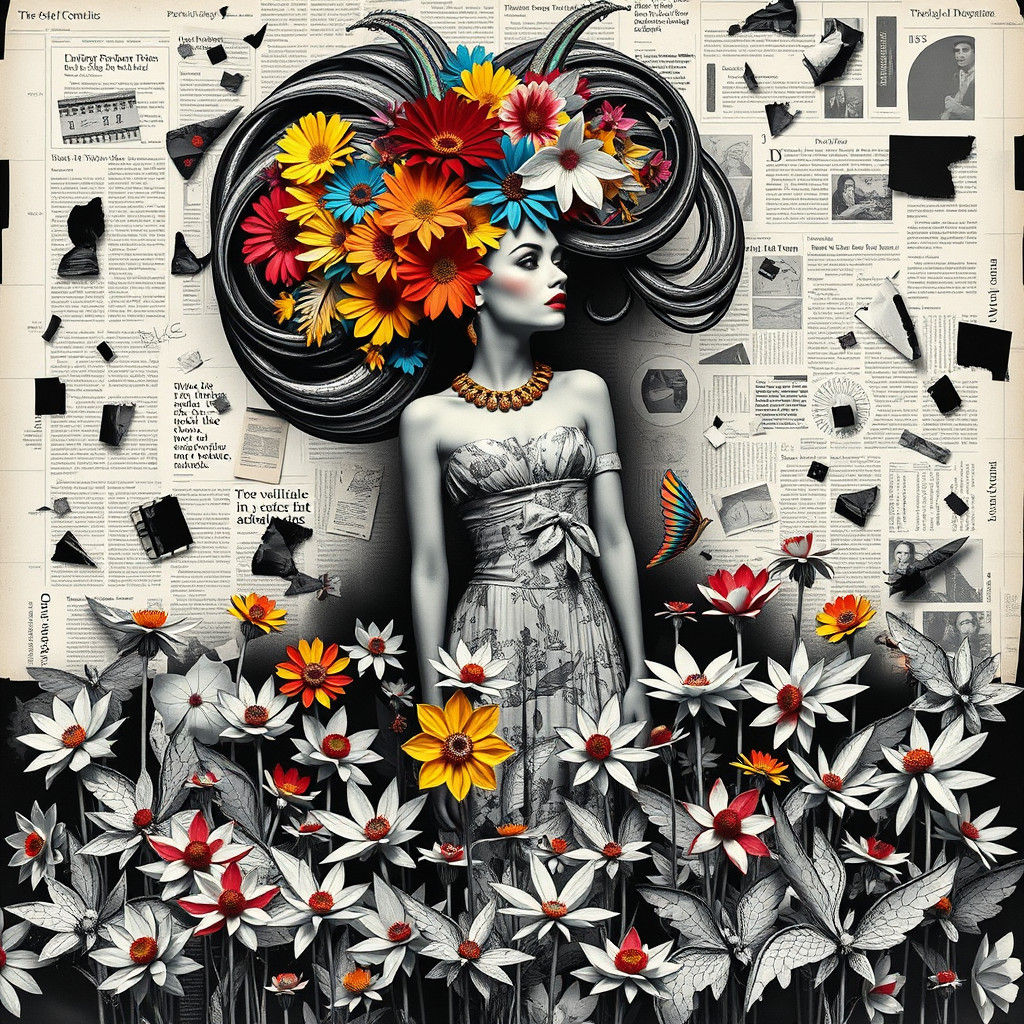 Geometric Flowers Surround Woman in Dadaist Collage