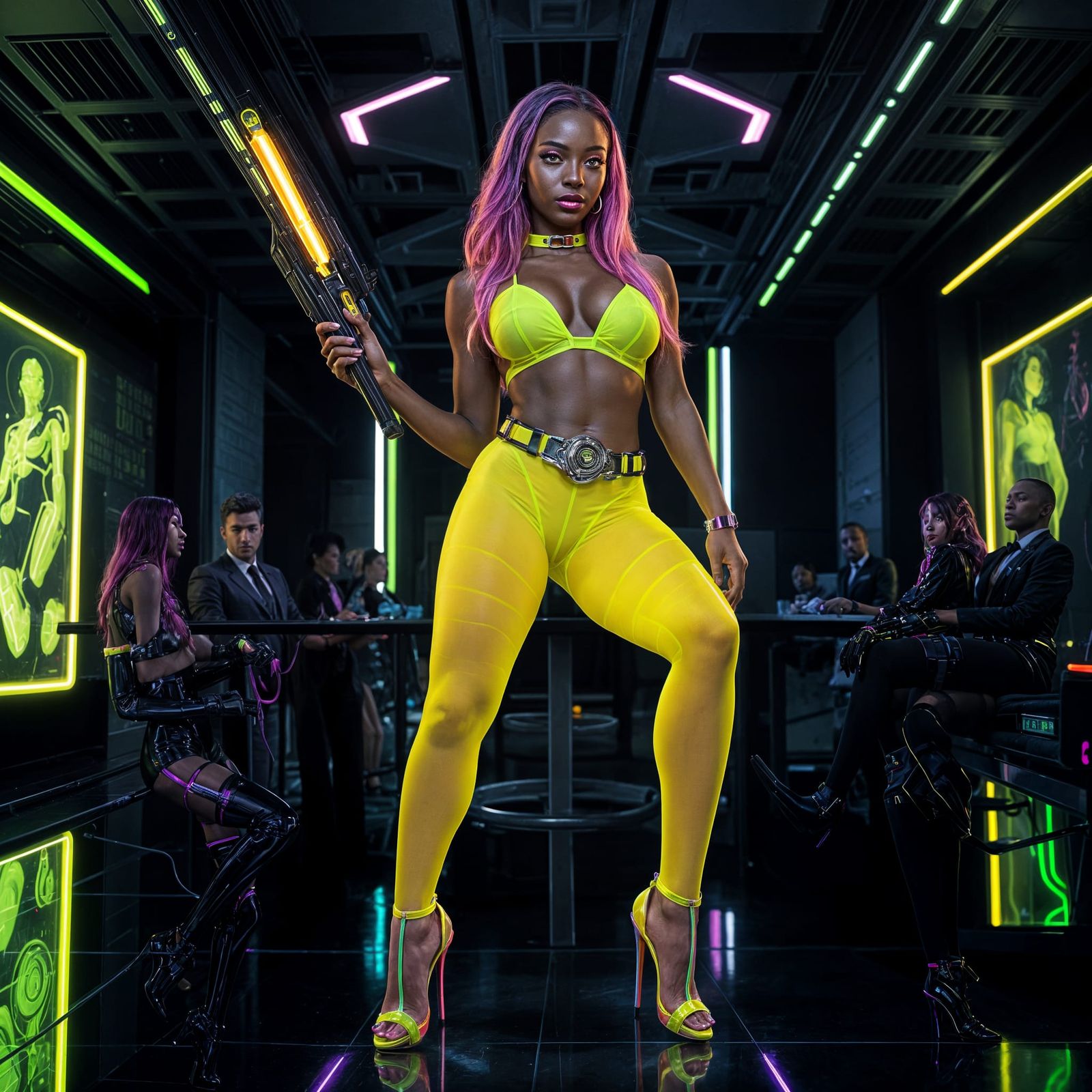 Cyberpunk Transgender Warrior in Neon Conference Room