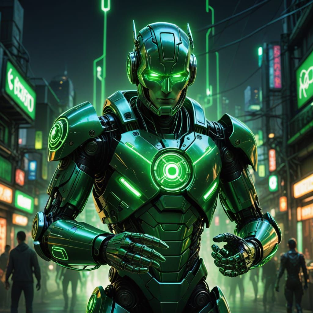 Cyberpunk Green Lantern Robot in Vibrant Neon Light
