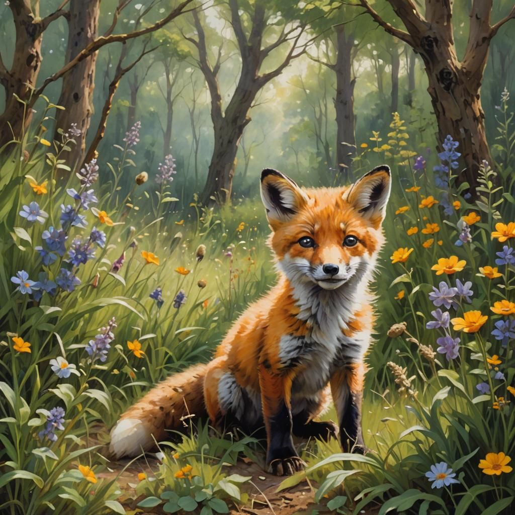 Fox Cub Playing in Wildflower Meadow as Oil Painting