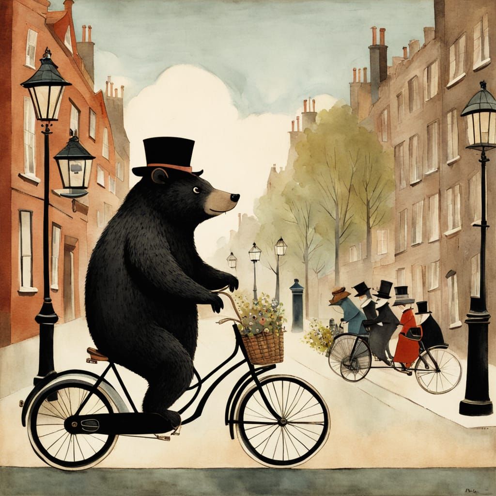 Elegant Victorian Bear Rides Bicycle Through London