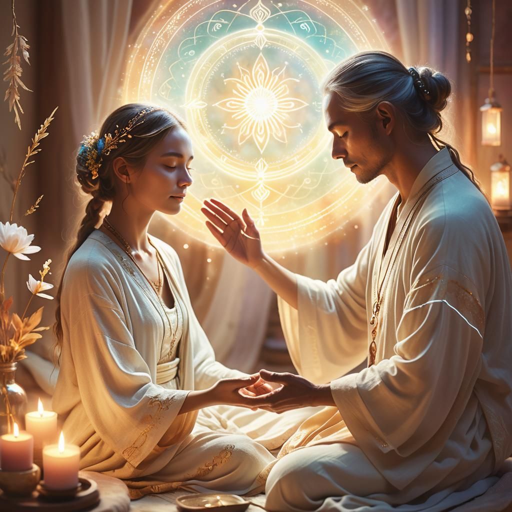 Gentle Healer Administers Reiki in Ethereal Digital Art