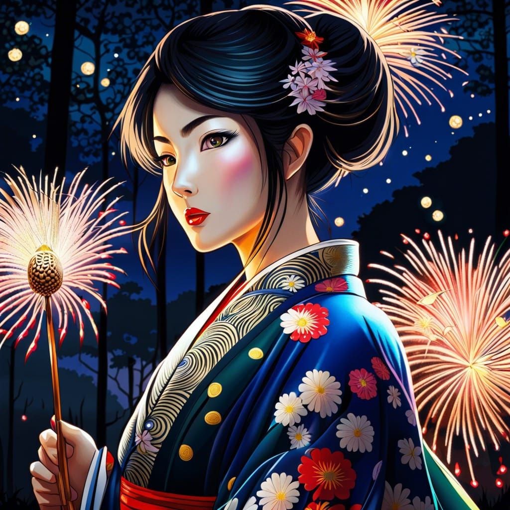 Woman in Kimono with Fireworks: Anime Manga Style