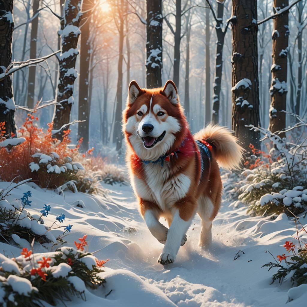 Malamute Runs Through Sunlit Winter Forest as Digital Art