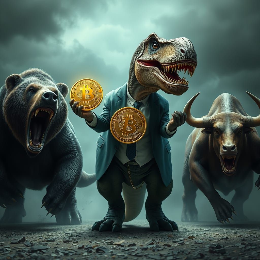 T-Rex Bitcoin Standoff: Photorealistic Crypto Scene