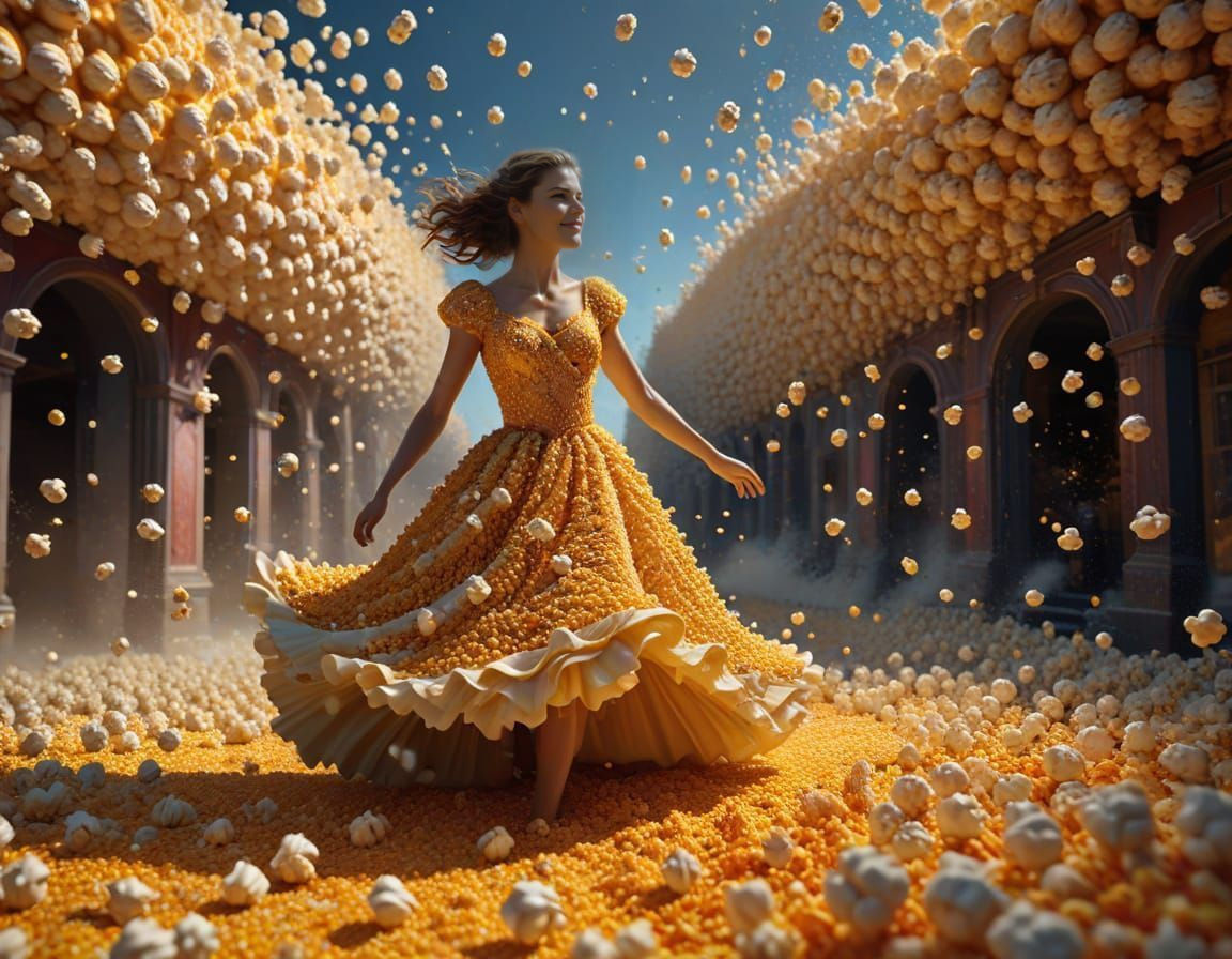 Actress in Popcorn Dress Runs Through Surreal Popcorn World