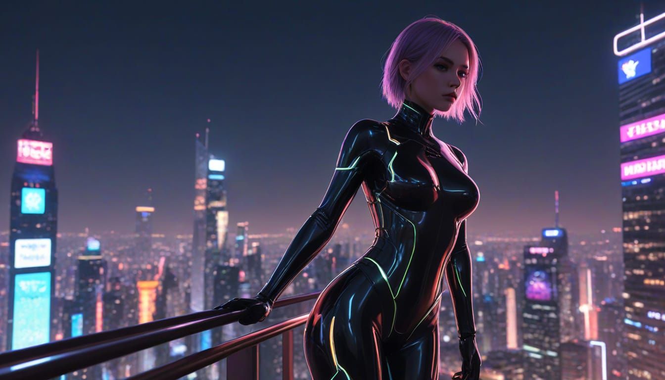 Anime Woman on Skyscraper in Sci-Fi Art Style