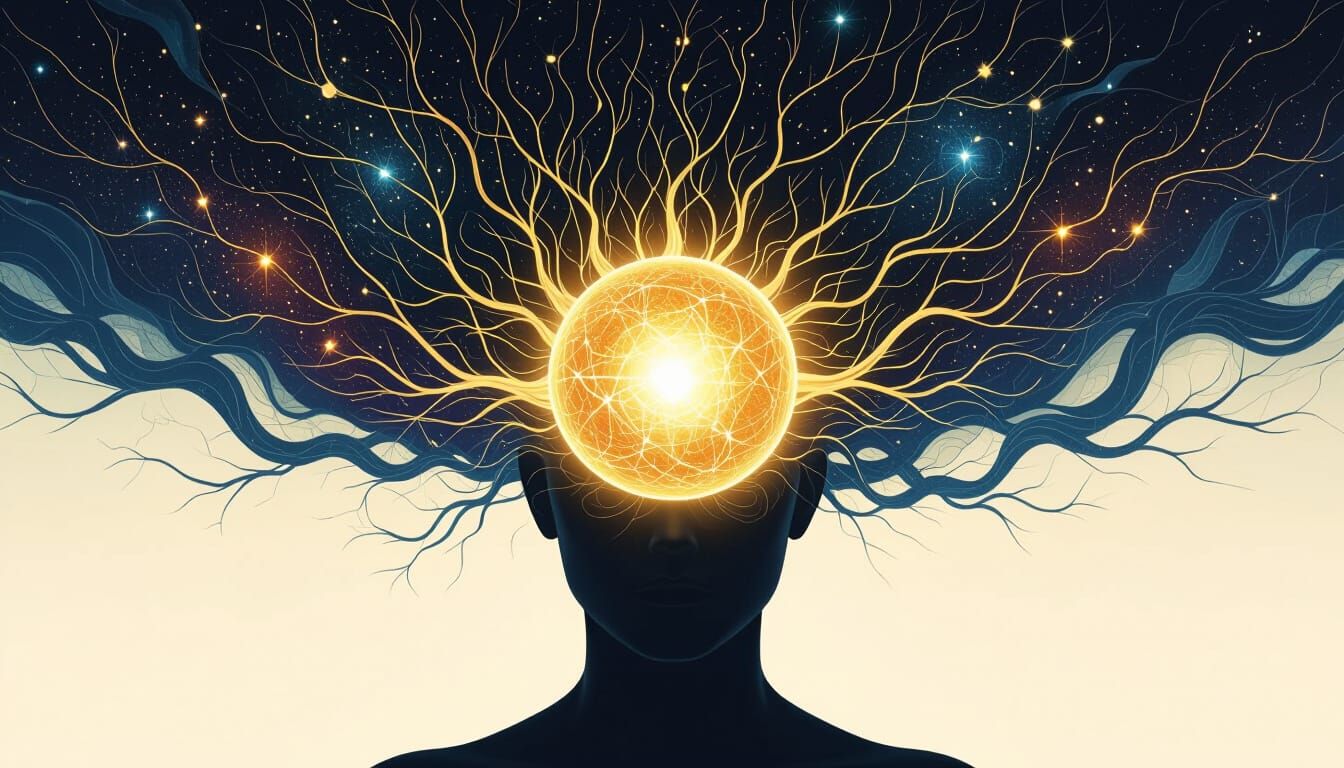 Human Silhouette with Cosmic Light Pathways