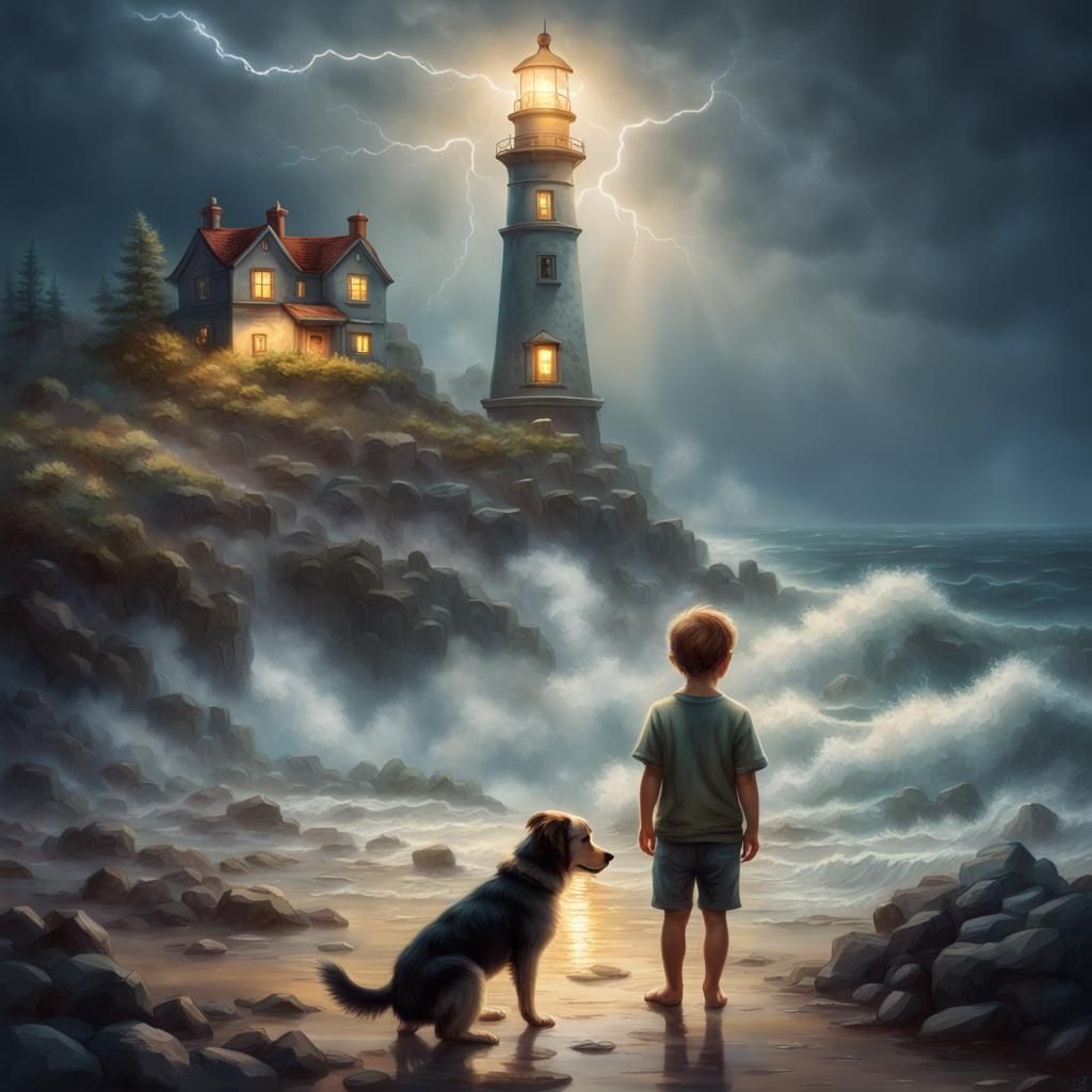 Boy and Dog on Shoreline with Lighthouse