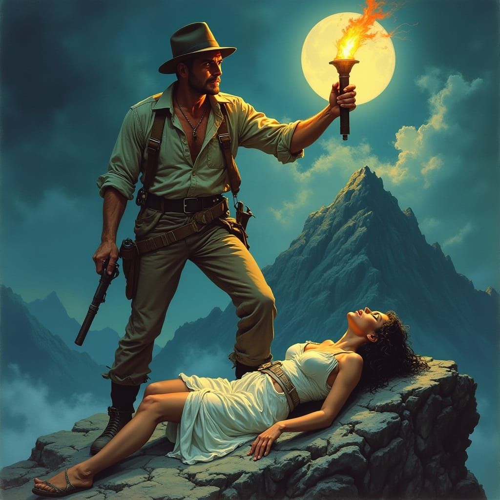 Explorer on Mountain Peak in Pulp Cover Style