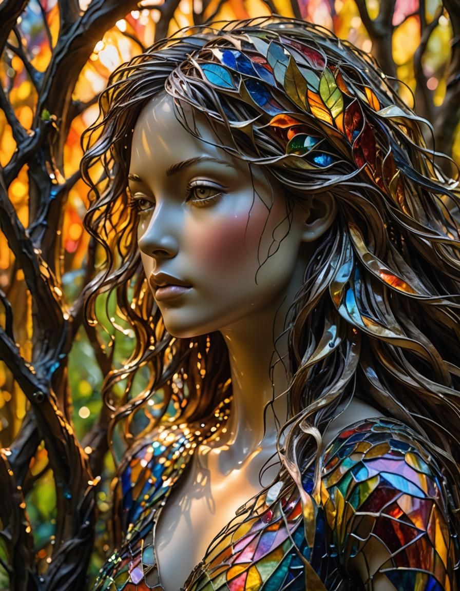 Glass Sculpture of Woman in Mystical Forest
