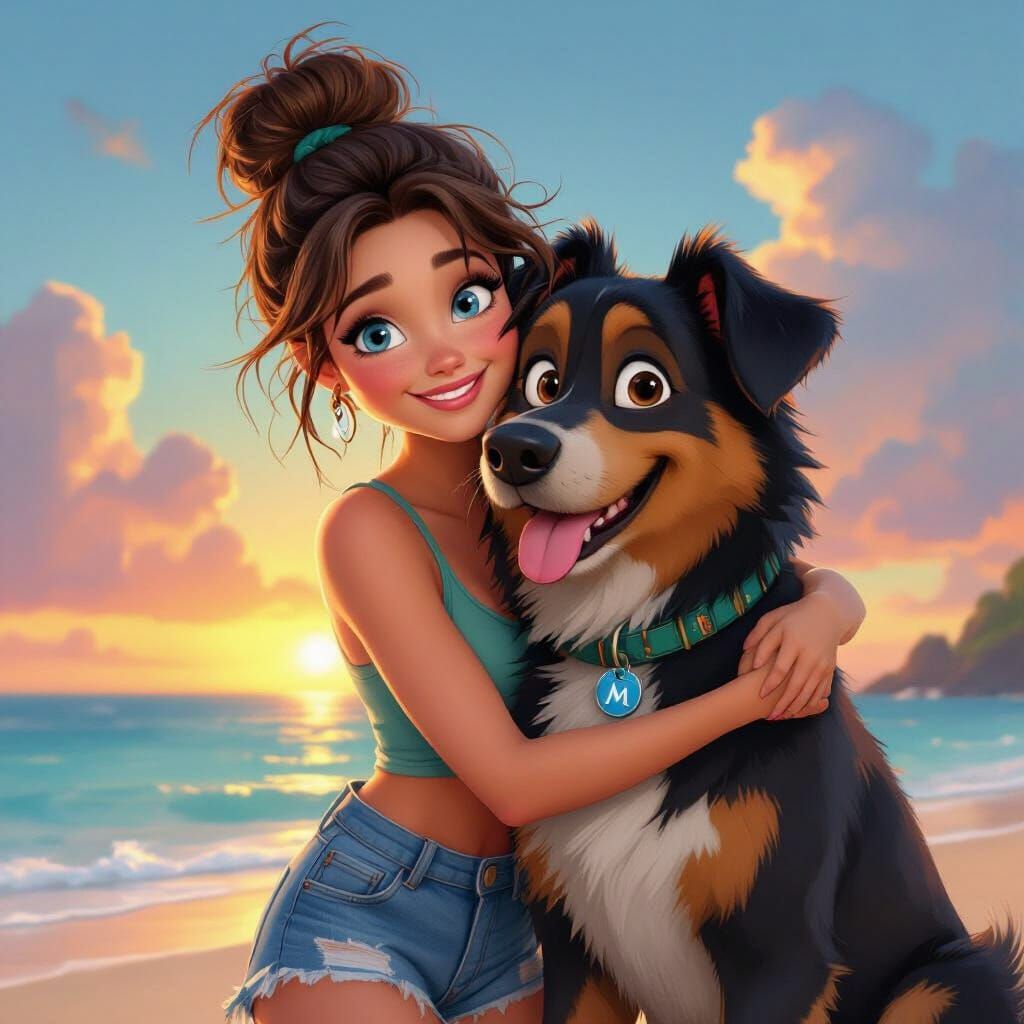 Woman and Dog on Beach in Pixar Style
