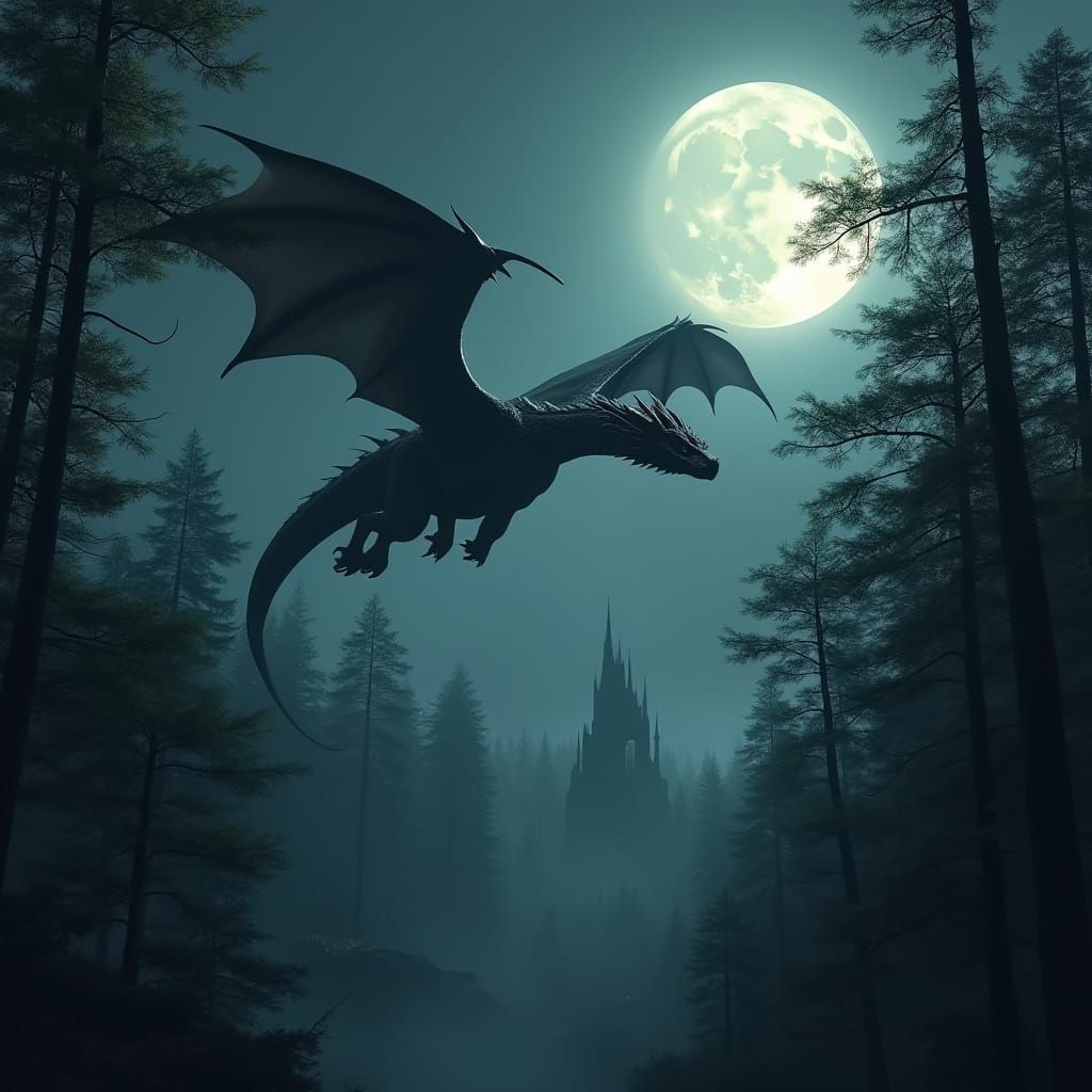 Ethereal Black Dragon Soars Over a Mystical Forest at Night