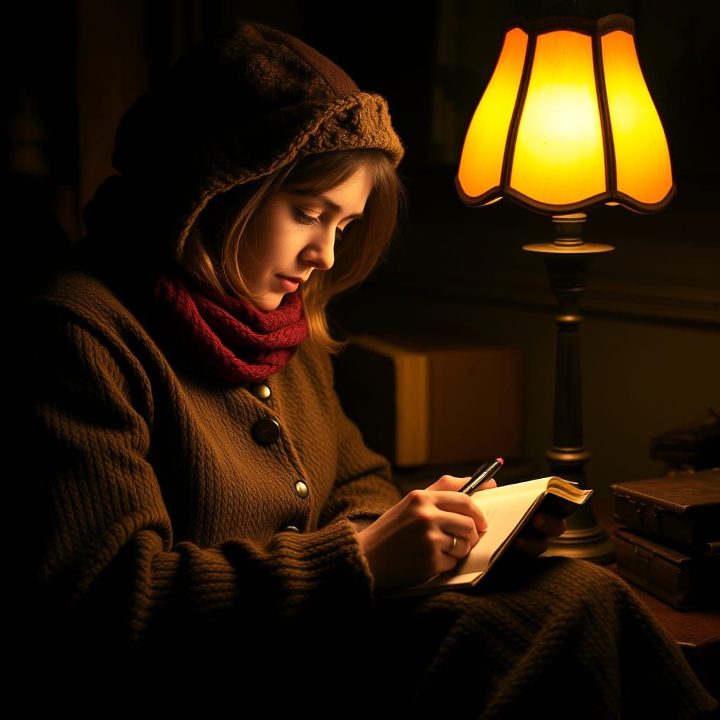Cozy Writer Under Warm Light, Vintage Style