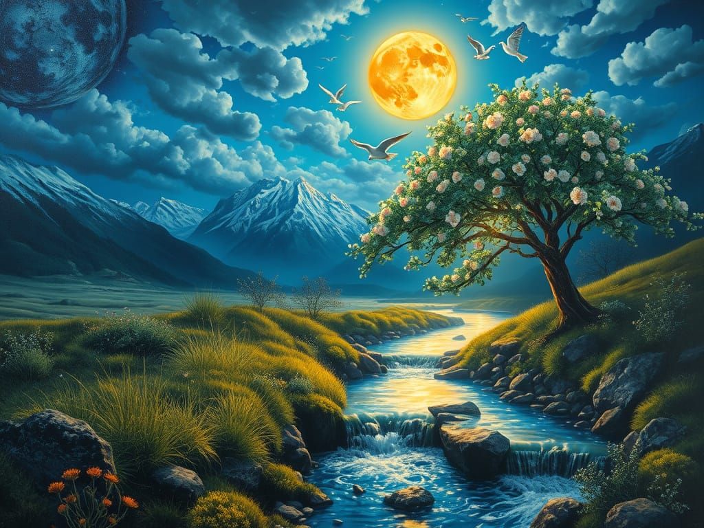Surreal Moonlit River Landscape in Bob Ross Style