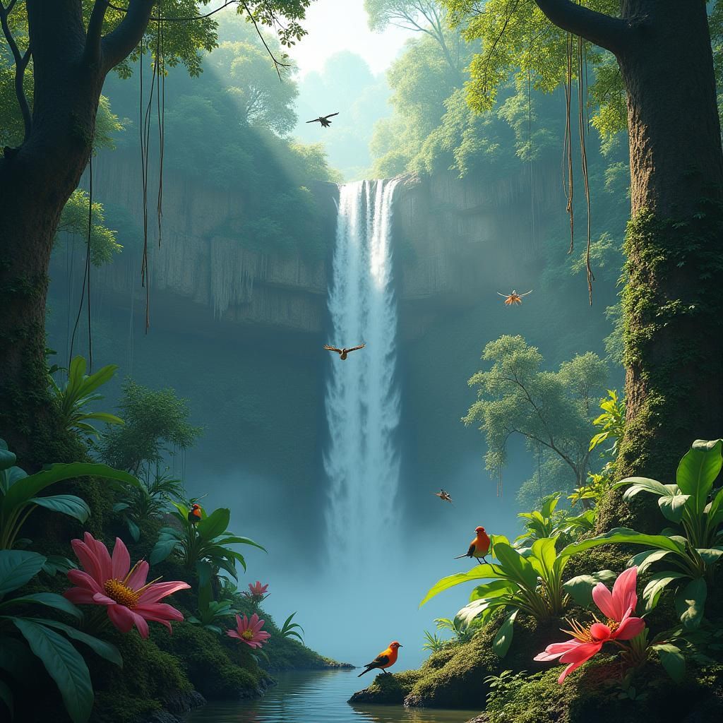 Lush Rainforest Waterfall with Birds in Mystical Realism