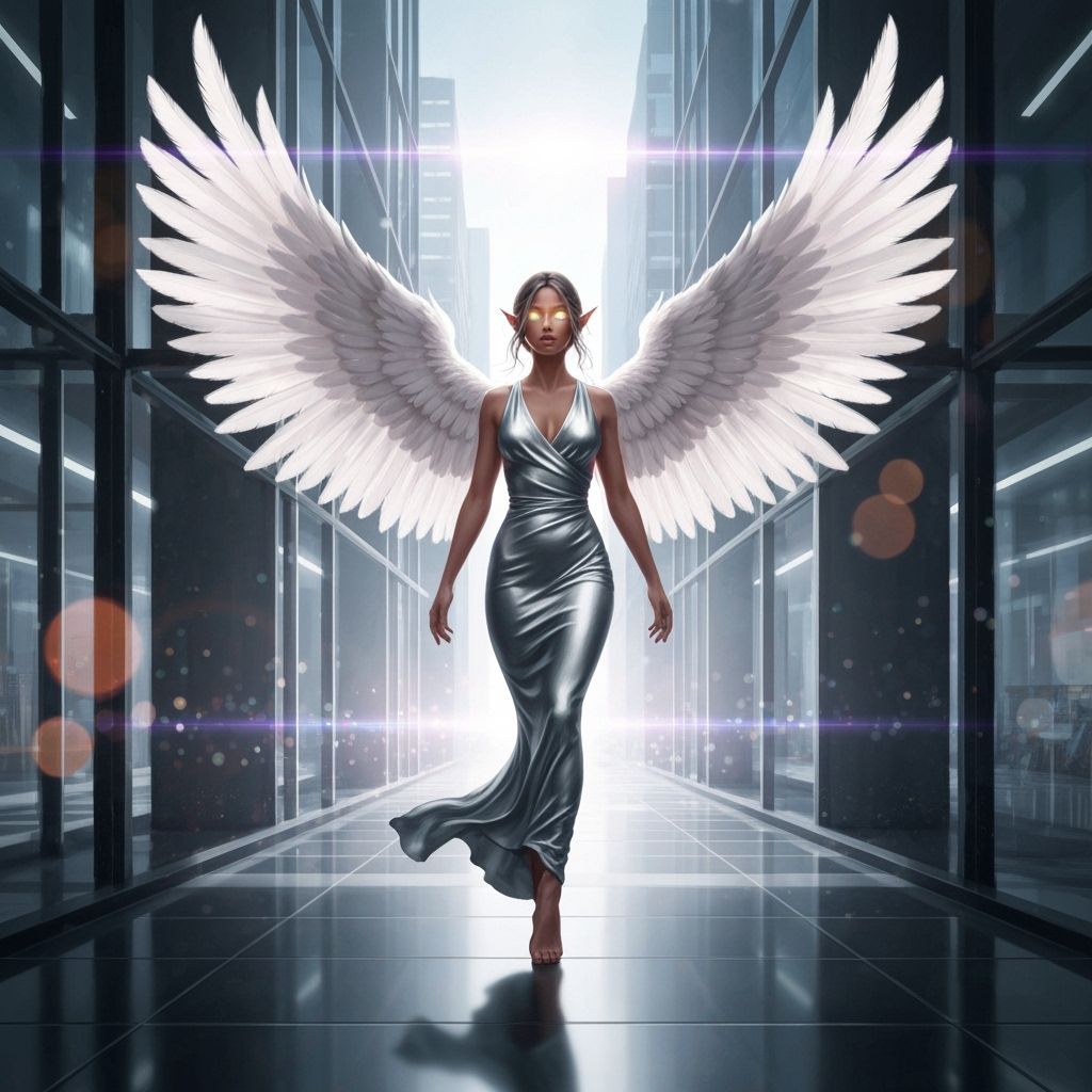 Elven Woman in Futuristic City with Radiant Wings