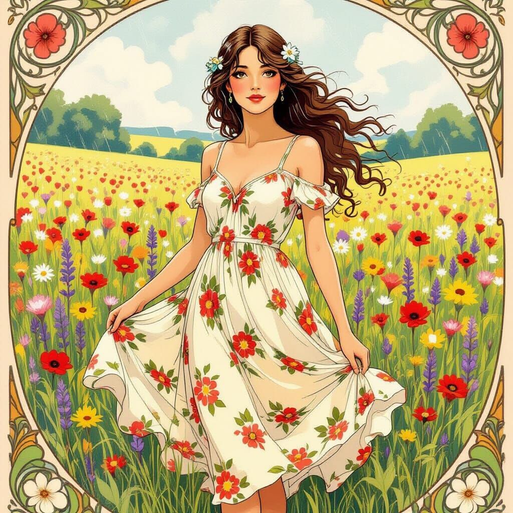 Pretty Girl in Sundress in Wildflower Field During Rain