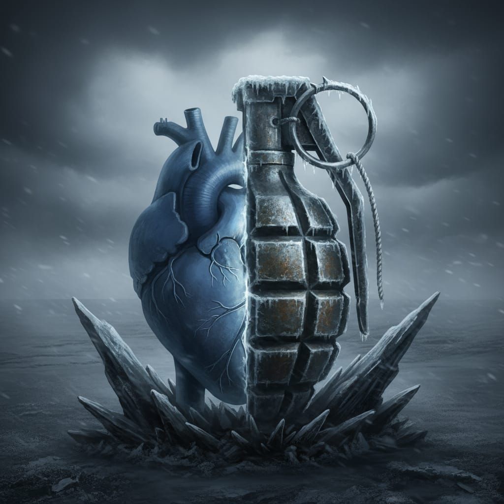 Heart Grenade on Icy Landscape in Dark Fantasy Style