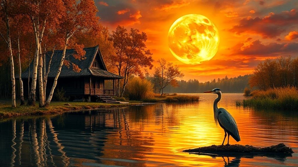 Woodland and a lake in the fall at night with gigantic moon.