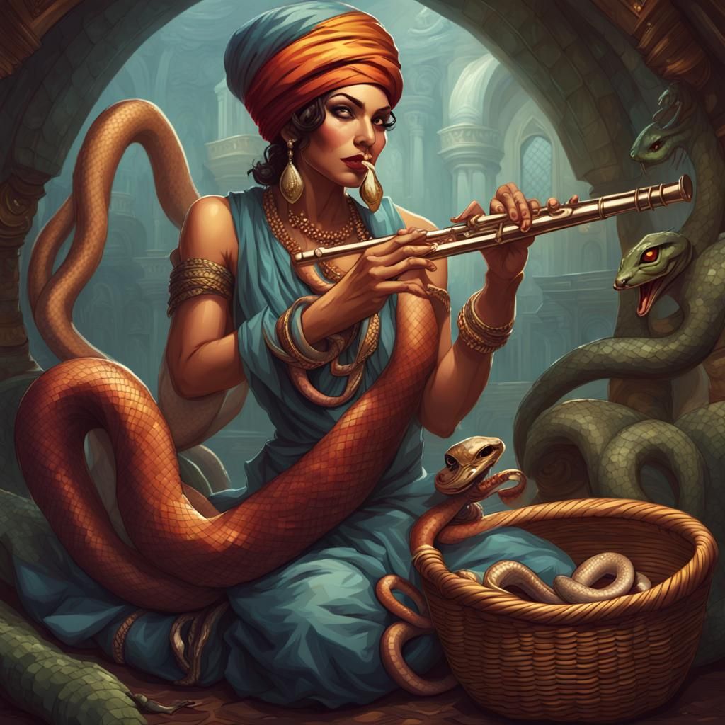 A snake wearing a turban, playing a flute, 
The Snake is cha...