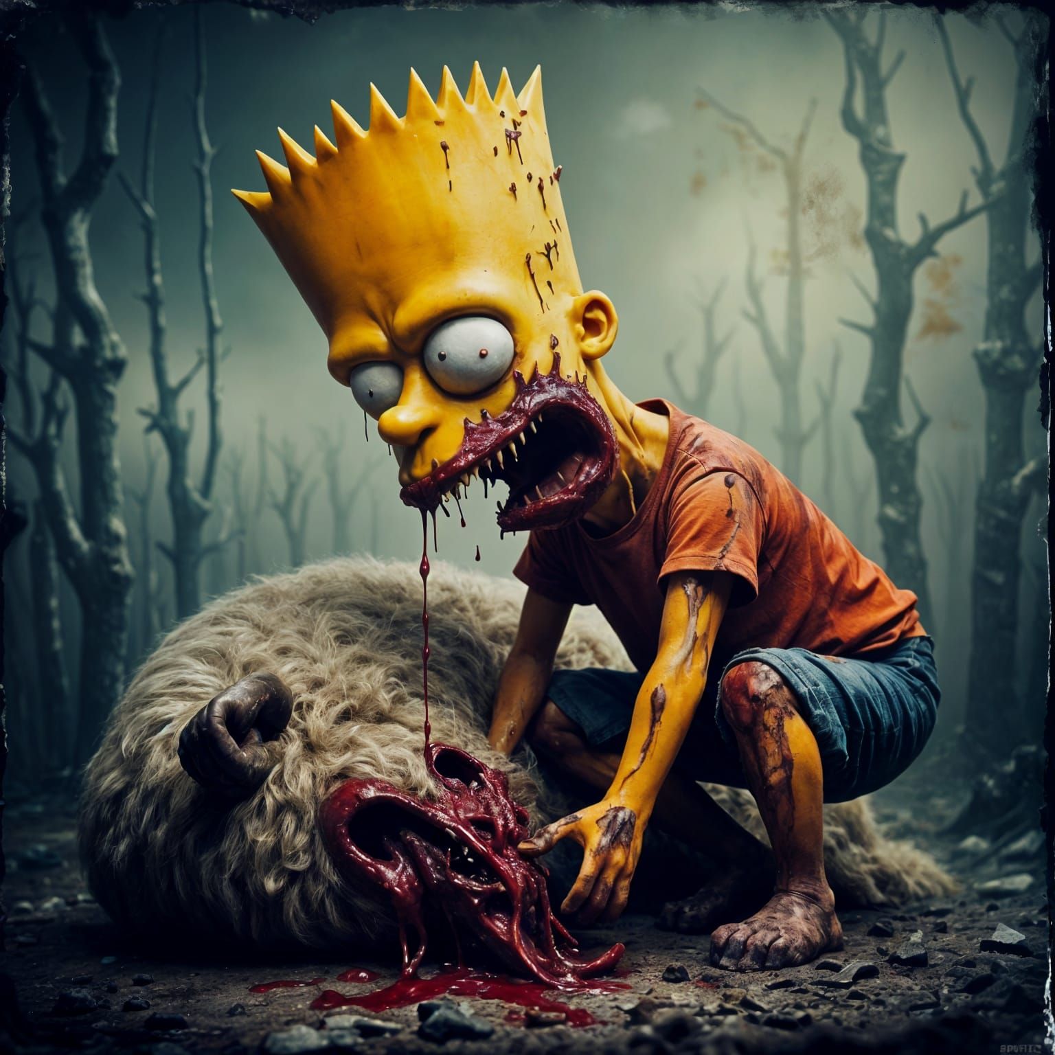 Bart Simpson as a Zombie Devouring a Sheep's Guts in a Macab...