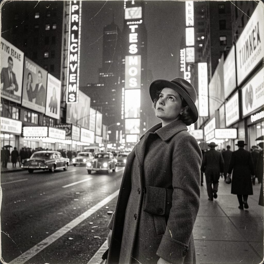 1940s Times Square Sightseeing in Vintage B&W Style