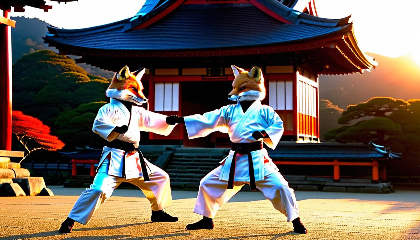 Fox Practicing Martial Arts Kata at Sunset