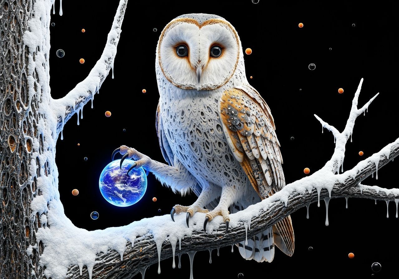 Barn Owl with Orb: Intricate 3D Render