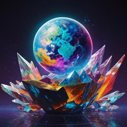 Cosmic Heart Crystal: Hyperrealistic Splash Art