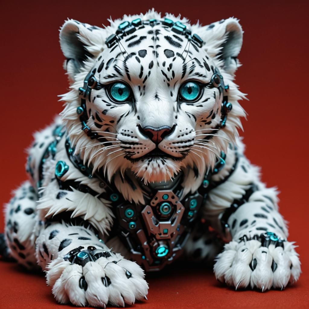 Photorealistic Baby Snow Leopard Cyborg with Aqua Eyes
