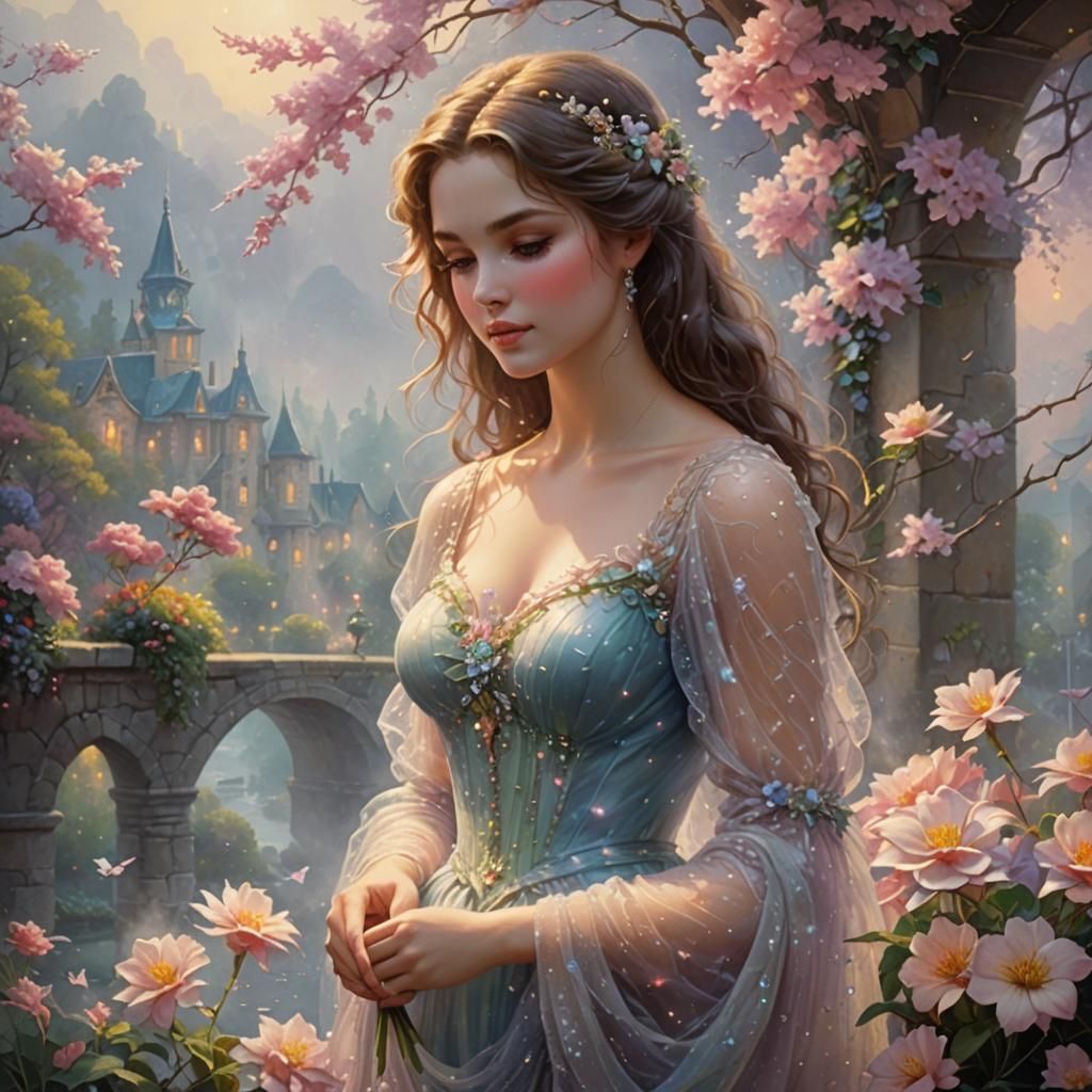 Ethereal Woman with Flower, Hyperdetailed Fantasy Art