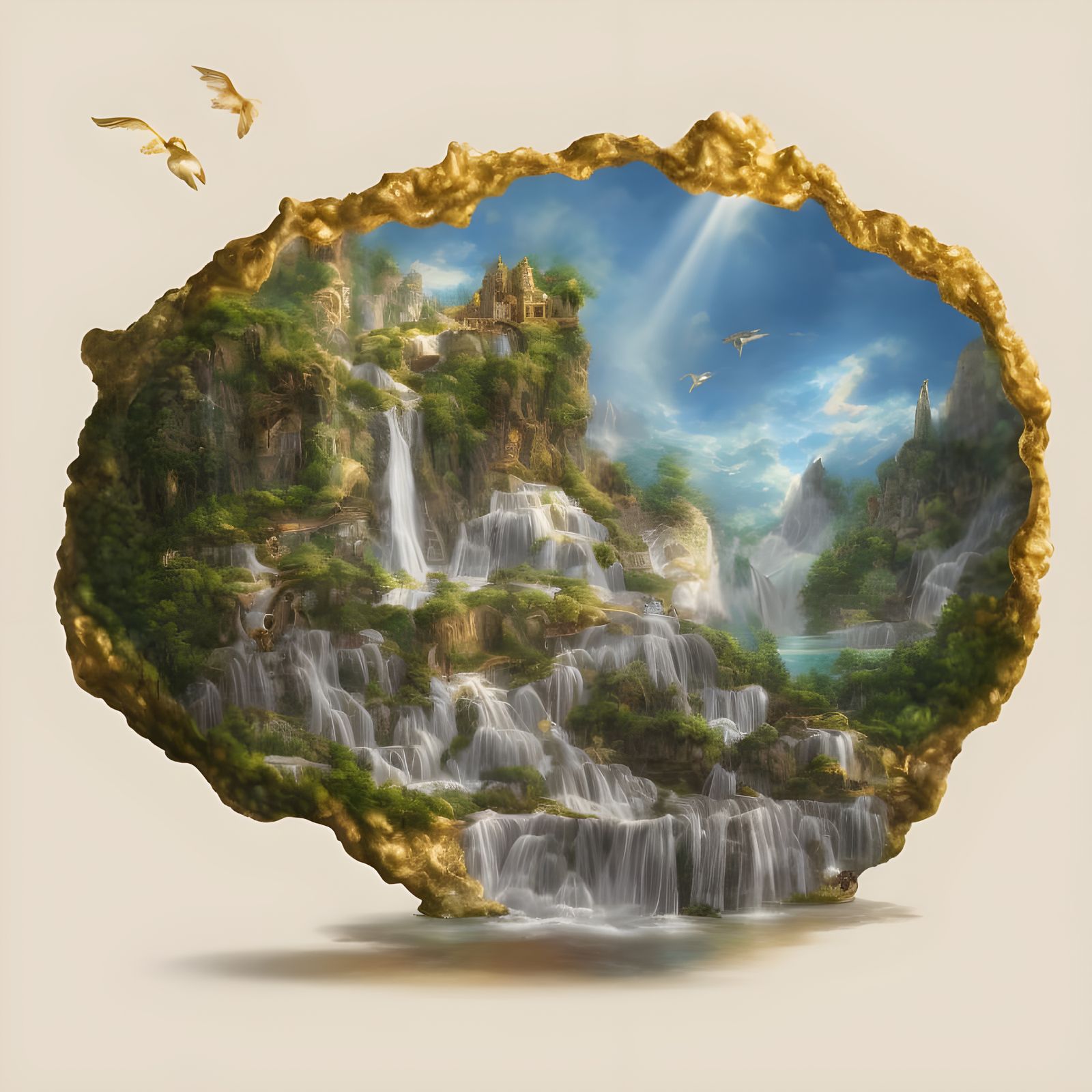 Epic Waterfalls Flowing from Pearl with Mountain Castle