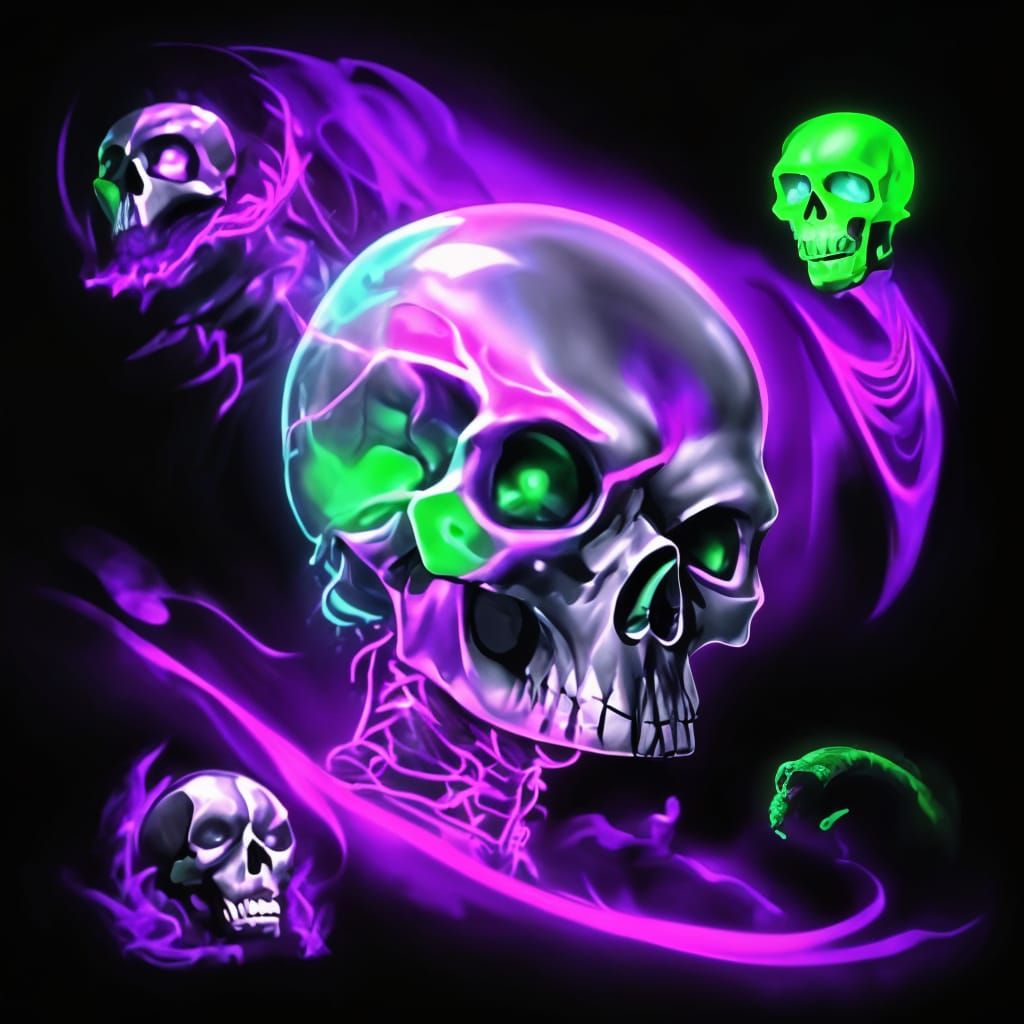 Eerie Electrified Skull in Hyperreal Holographic Style