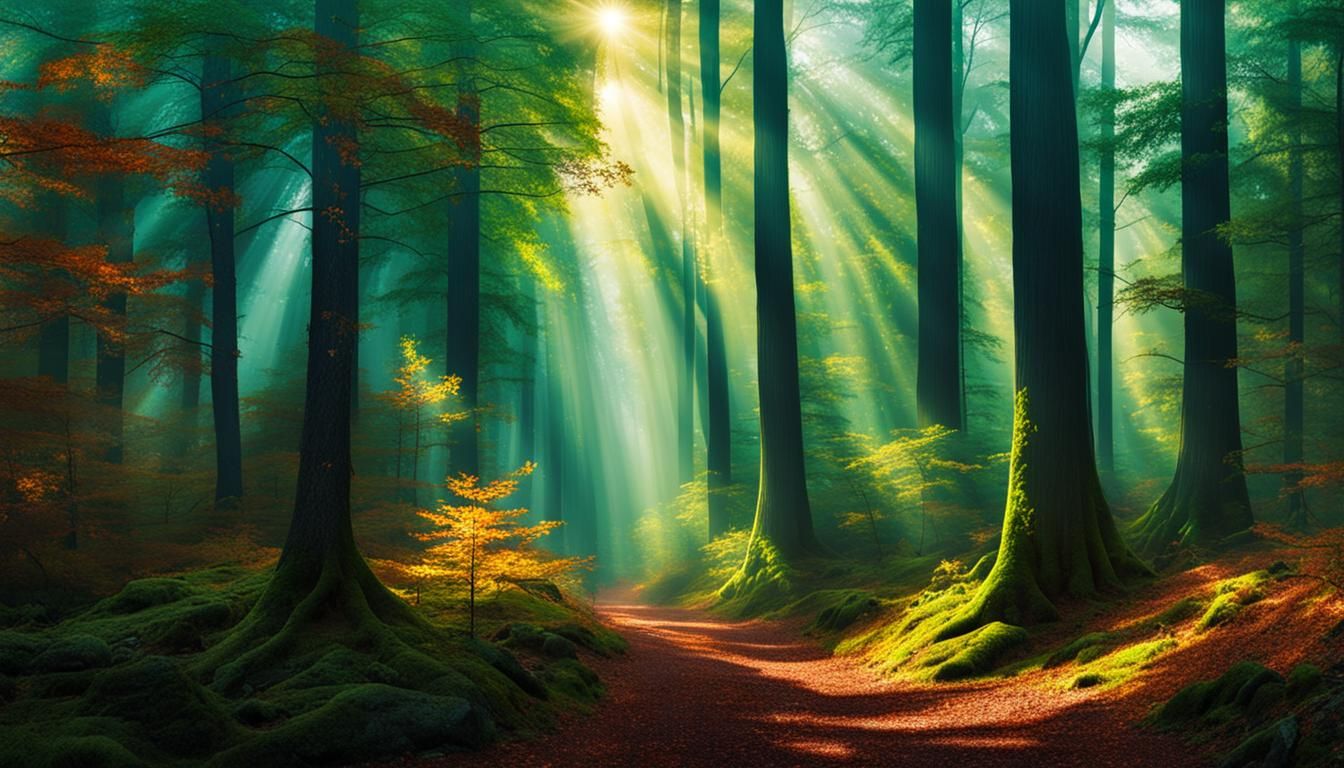 Mystical Forest with Sunrays and Colorful Fall Leaves