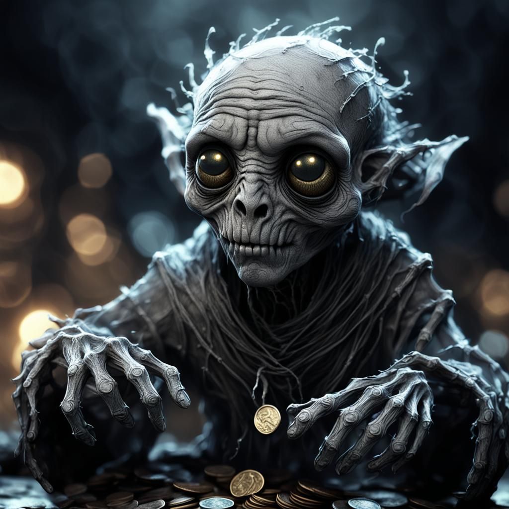 Dark Fantasy Spirit Grasps Coins in Moody Lighting