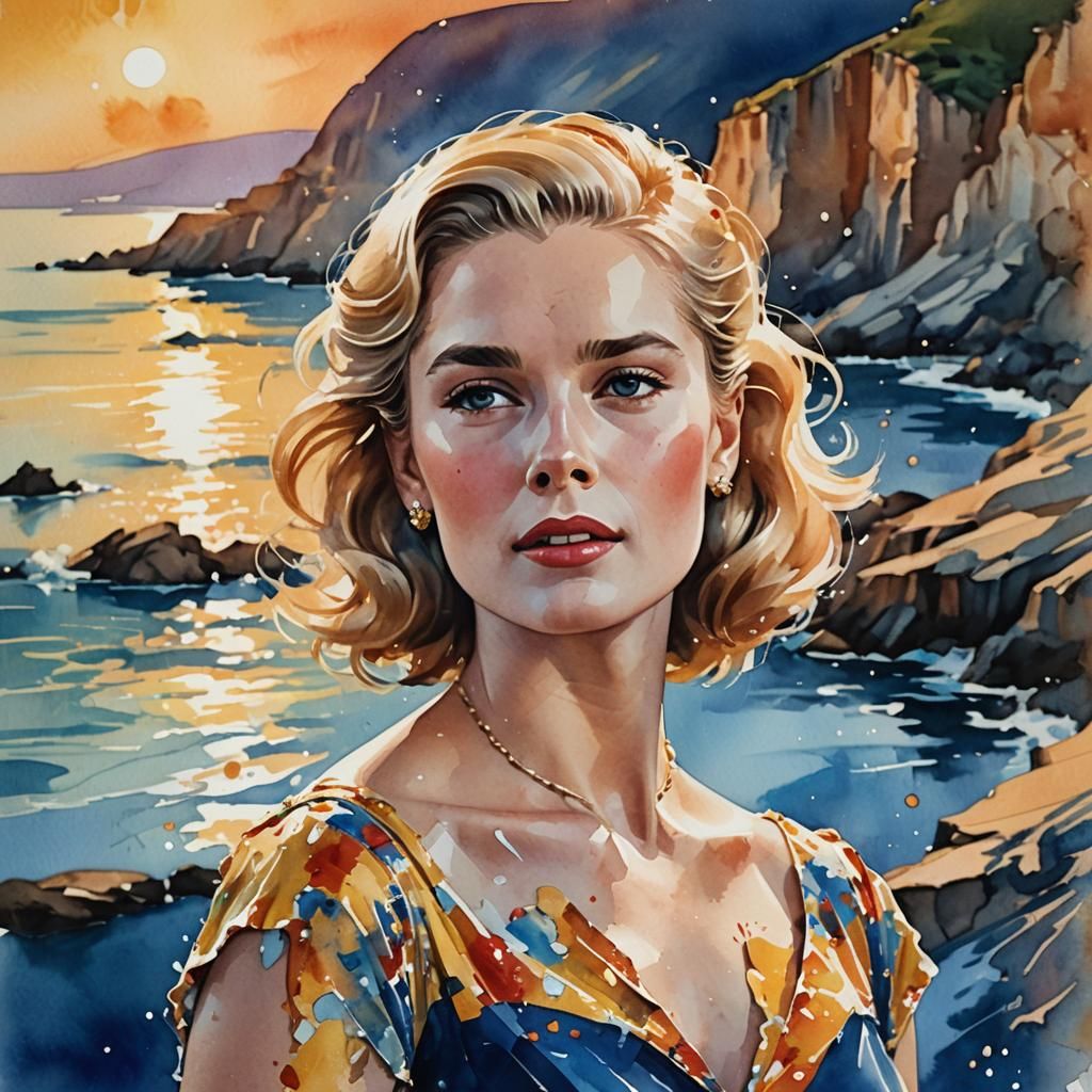 Grace Kelly: Stylized Watercolor Portrait at Sunset
