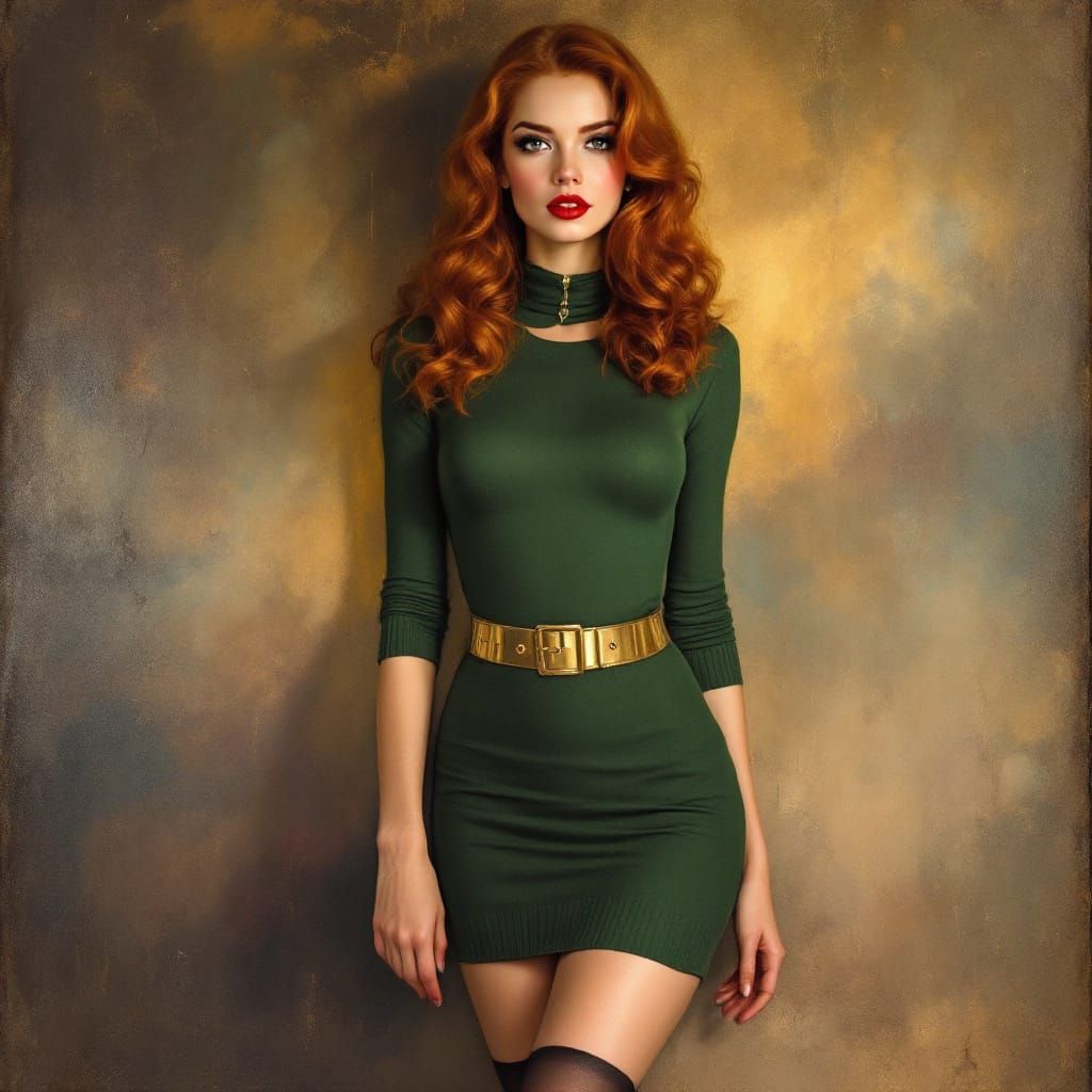 1950s Pin Up Woman in Green Dress, Oil Painting Style
