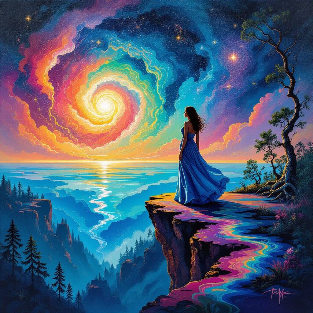 Serene Woman Overlooking Cosmic Ocean in Splash Art Style