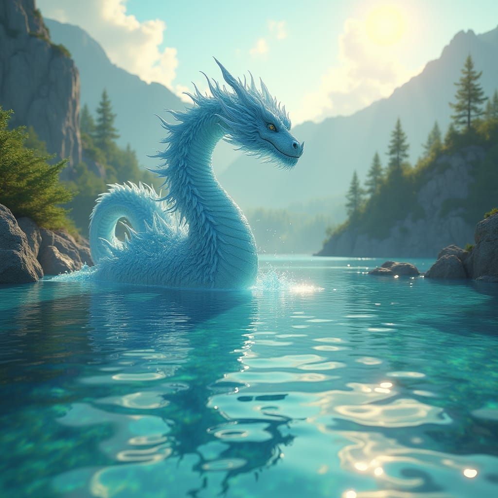 Serene Lake Births Ethereal Dragon in Cyberpunk Aesthetic