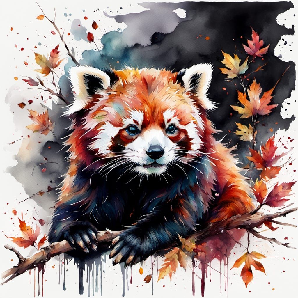 Red Panda in Autumn Leaves, Expressive Watercolour Style
