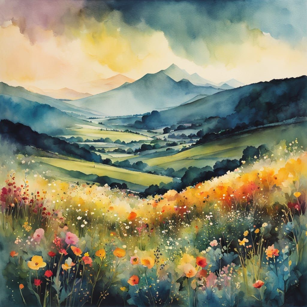 Wildflower Mountain Valley in Chiaroscuro Style