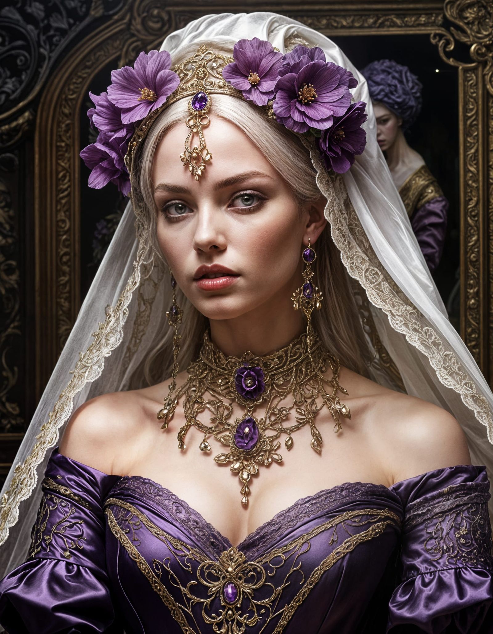 Baroque Woman in Purple Tones With Lace Blindfold